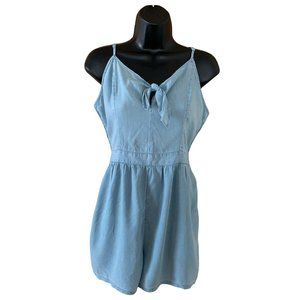 Aerie Blue Denim Romper Bow V- neck Spaghetti Straps Smocked Back Size Medium